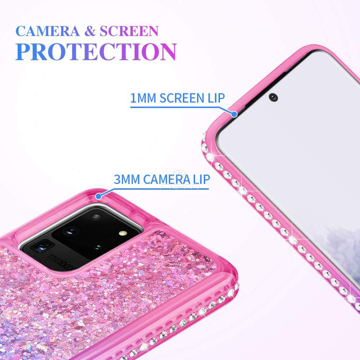 Samsung Galaxy S20 Plus Glitter Liquid Case Pink Purple Hearts Diamonds Bling Image 4