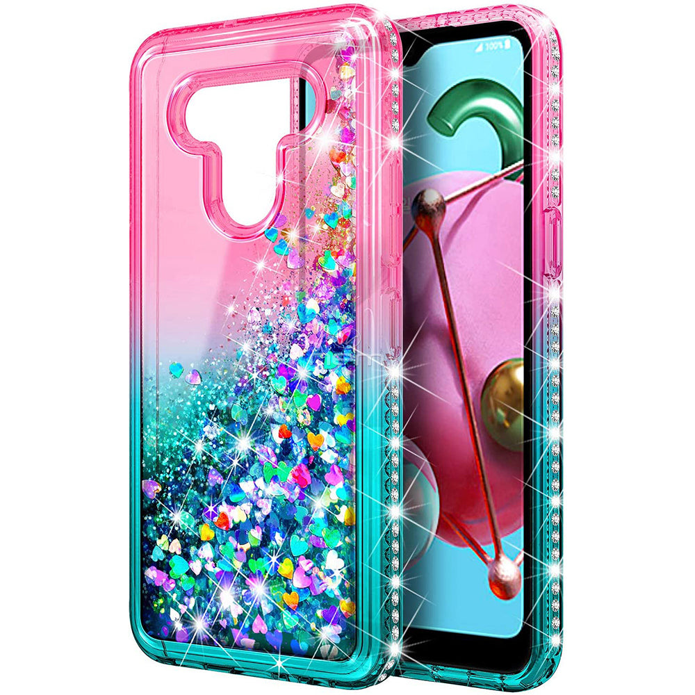 For LG Stylo 6 / LMQ730 Sparkling Glitter Liquid Floating Hearts Stars With Diamonds Case Cover Pink/Purple Image 4