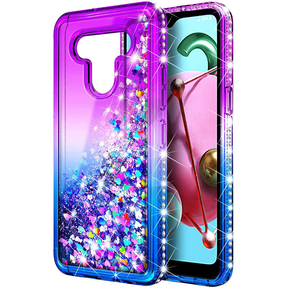 For LG Stylo 6 / LMQ730 Sparkling Glitter Liquid Floating Hearts Stars With Diamonds Case Cover Pink/Purple Image 6