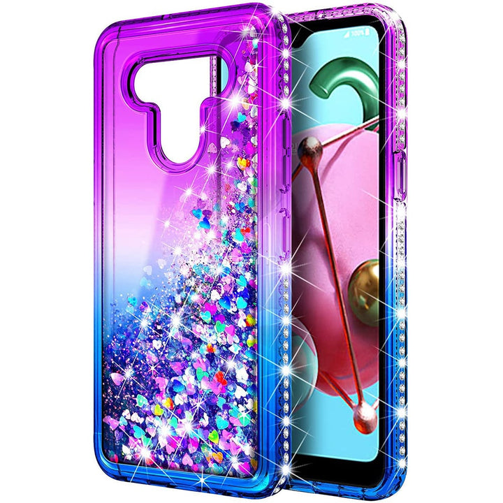 For LG Stylo 6 / LMQ730 Sparkling Glitter Liquid Floating Hearts Stars With Diamonds Case Cover Pink/Purple Image 1