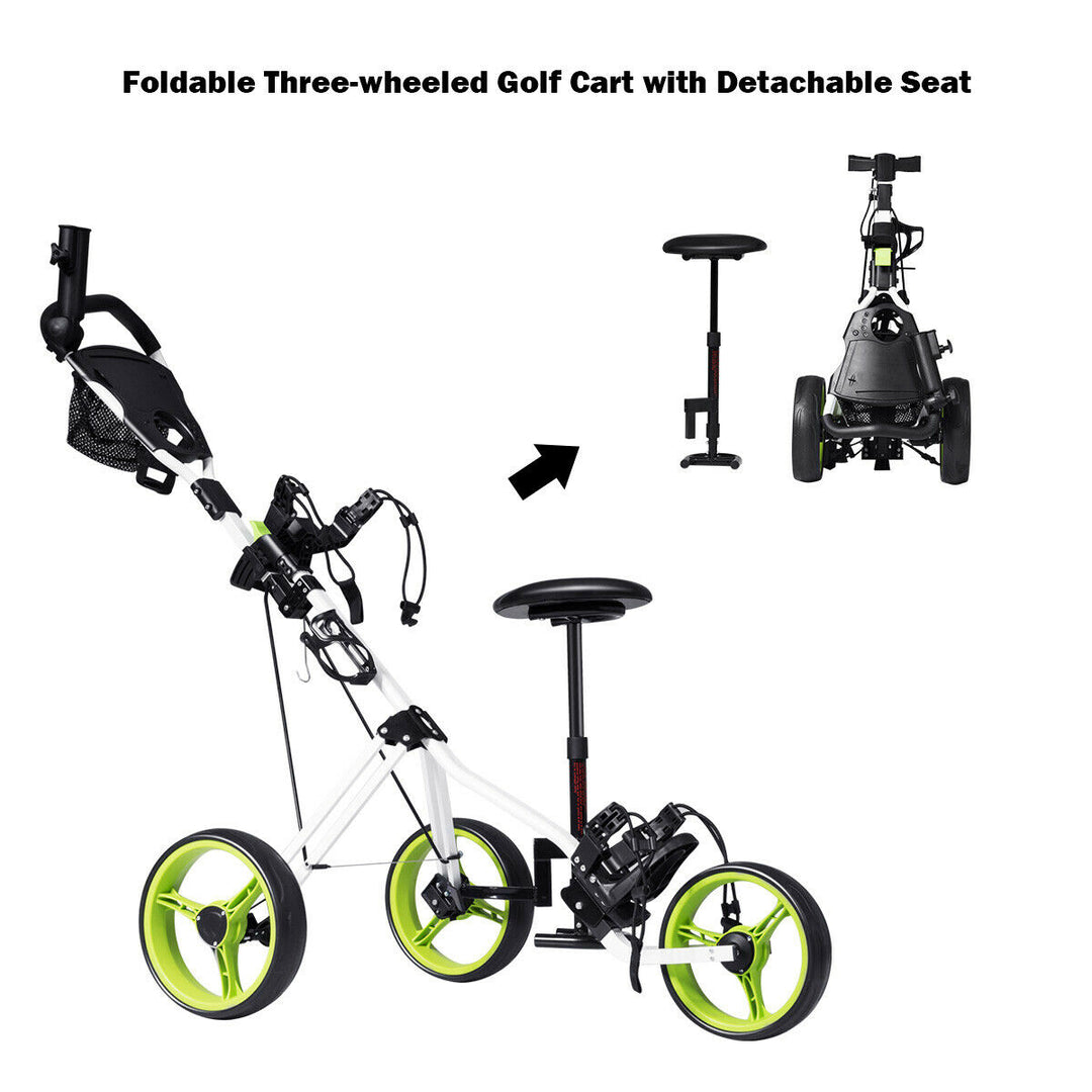 Foldable 3 Wheel Push Pull Golf Club Cart Trolley w/Seat Scoreboard Bag Swivel Image 10