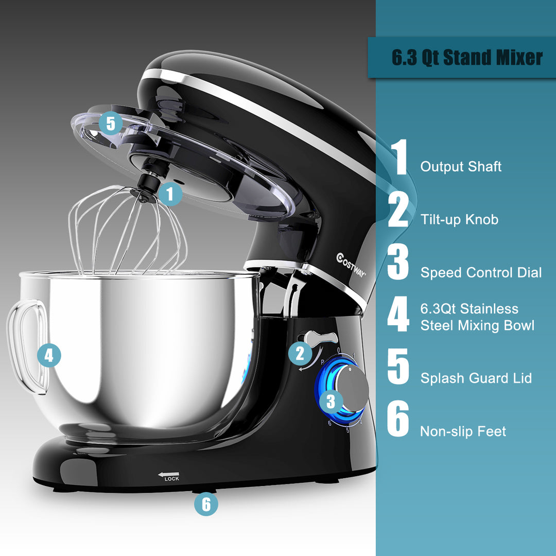 6.3 Quart Tilt-Head Food Stand Mixer 6 Speed 660W w/Dough Hook Whisk Black Image 6