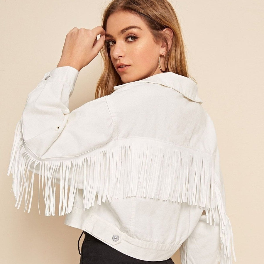 White Wash Fringe Detail Denim Jacket Image 1