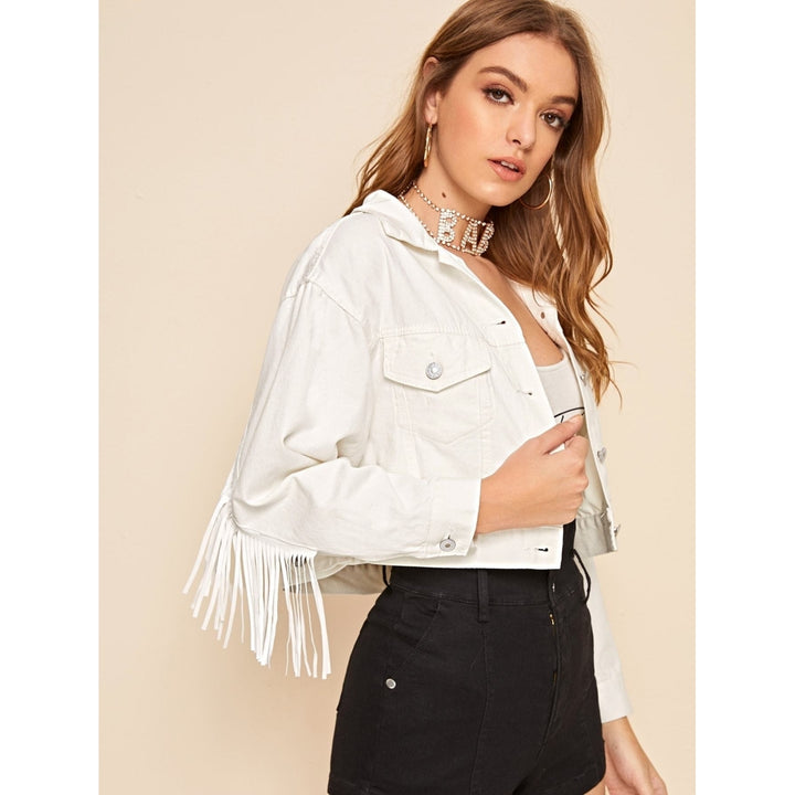 White Wash Fringe Detail Denim Jacket Image 4