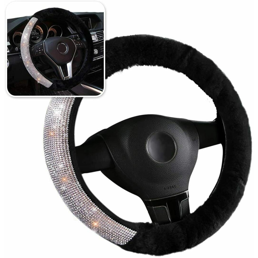 Zone Tech Faux Black Sheepskin Bling Diamond Rhinestone Steering Wheel Car Cover Image 1