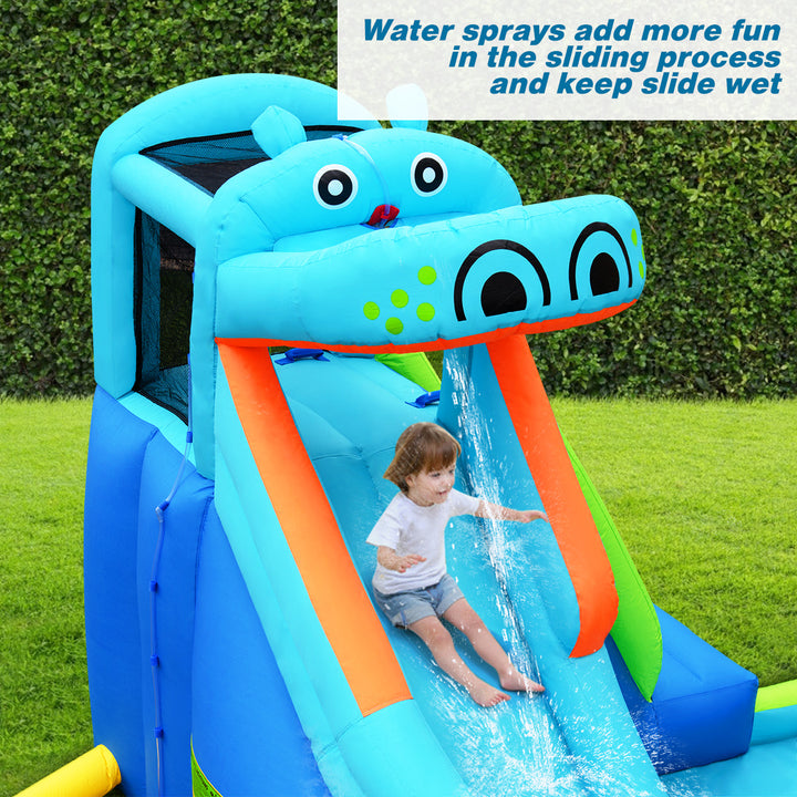 Inflatable Kids Hippo Bounce House Slide Climbing Wall Splash Pool w/740W Blower Image 8