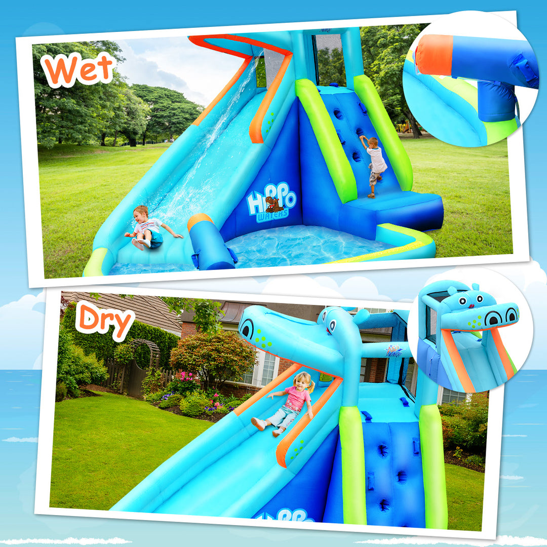 Inflatable Kids Hippo Bounce House Slide Climbing Wall Splash Pool w/740W Blower Image 9