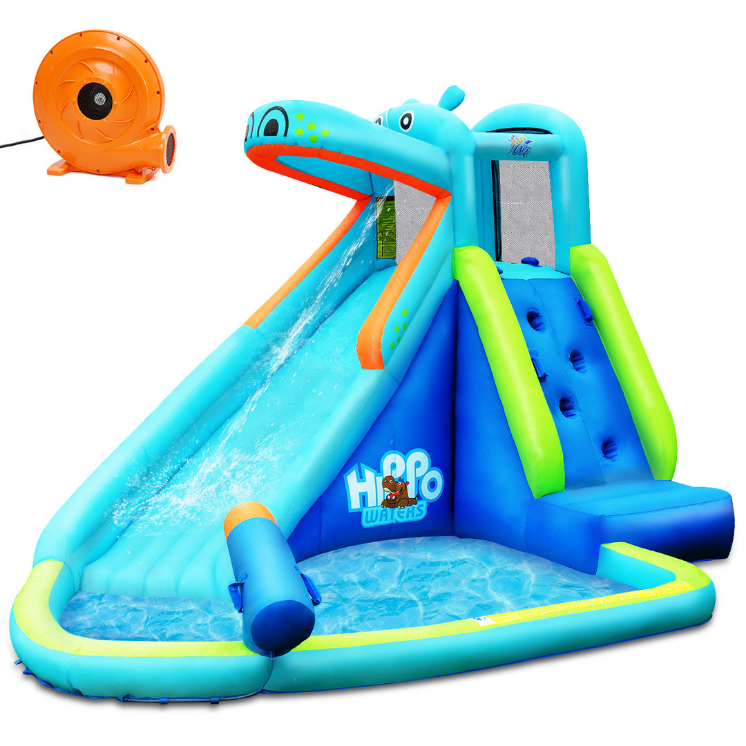 Inflatable Kids Hippo Bounce House Slide Climbing Wall Splash Pool w/740W Blower Image 10