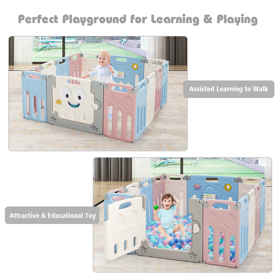 14-Panel Foldable Baby Playpen Kids Activity Centre Lock Door Rubber Bases Image 9