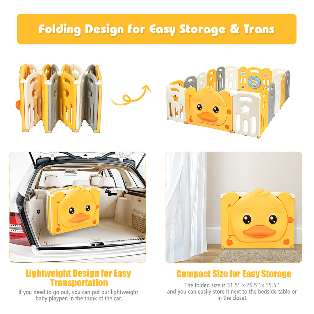 16-Panel Foldable Unisex Baby Playpen Kids Yellow Duck Yard Activity Center w/ Sound Image 8