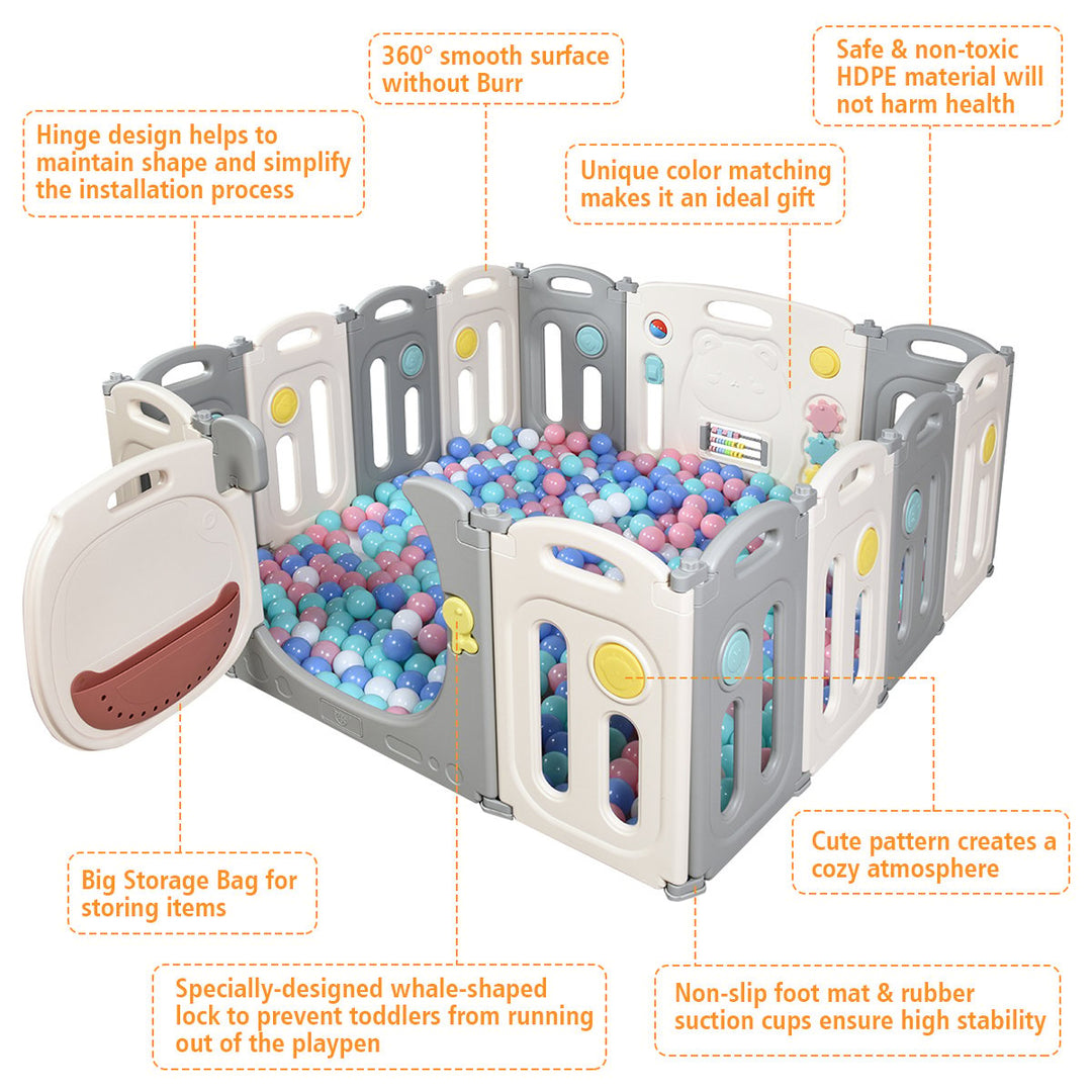 14-Panel Foldable Baby Playpen Kids Safety Yard Activity Center w/ Storage Bag Gary Image 10