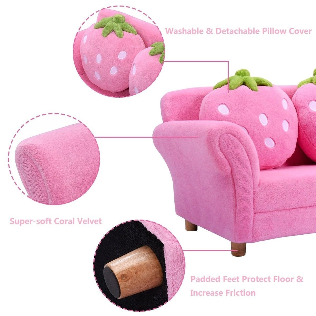 Kids Sofa Strawberry Armrest Chair Lounge Couch w/2 Pillow Children Toddler Pink Image 6