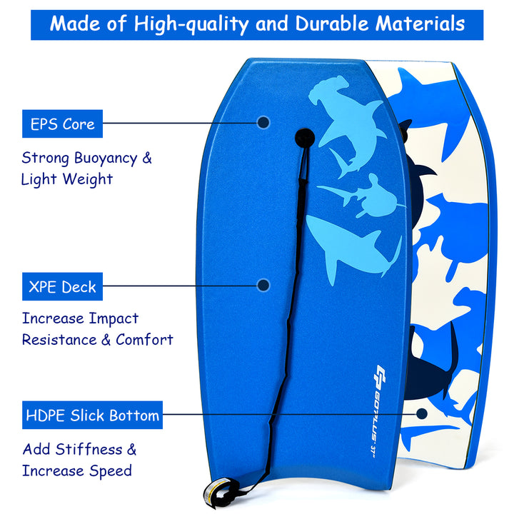 Goplus 41/37/33 Lightweight Super Bodyboard Surfing W/Leash EPS Core Boarding Blue Shark Image 6