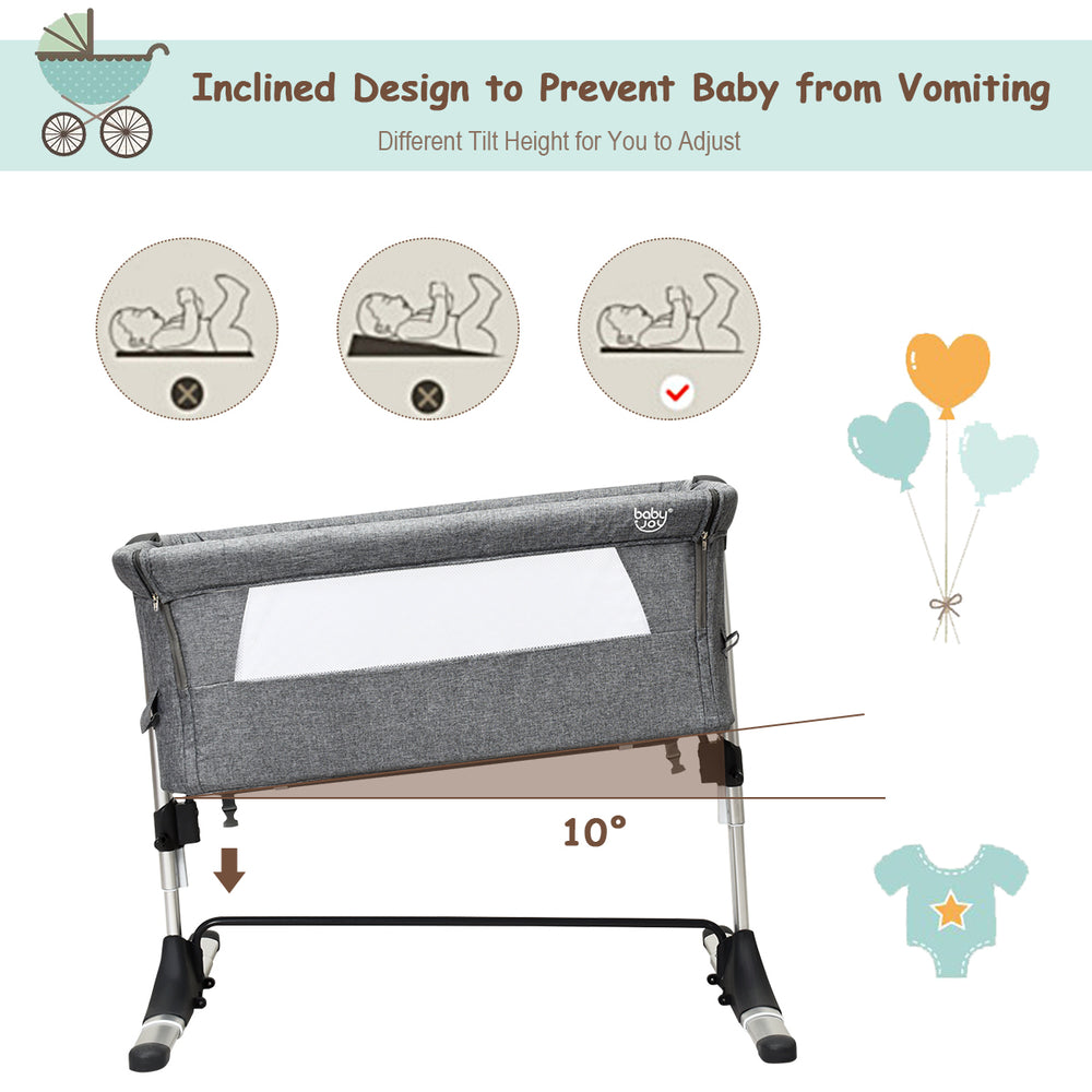 Baby joy Portable Baby Bed Side Sleeper Infant Travel 10 Inclined Bassinet Crib W/Carrying Bag Grey Image 2