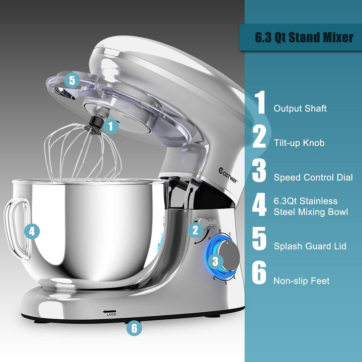 6.3 Quart Tilt-Head Food Stand Mixer 6 Speed 660W w/Dough Hook Whisk Silver Image 6