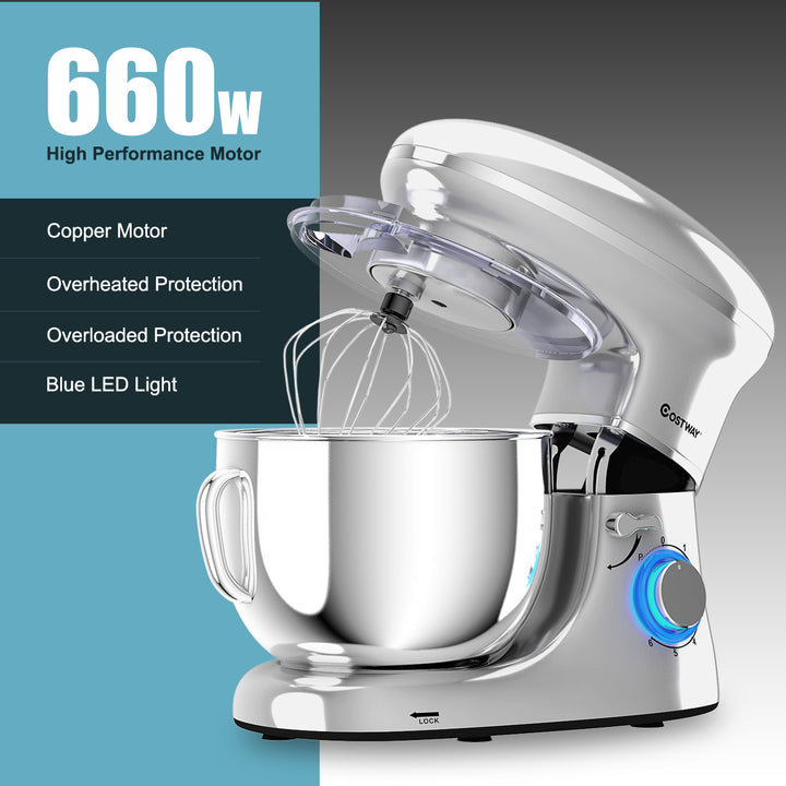 6.3 Quart Tilt-Head Food Stand Mixer 6 Speed 660W w/Dough Hook Whisk Silver Image 9