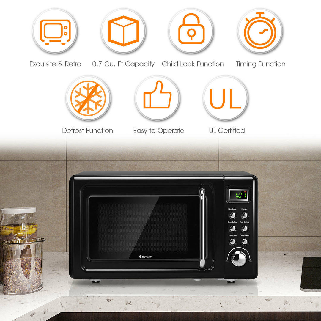 Costway 0.7Cu.ft Retro Countertop Microwave Oven 700W LED Display Glass Turntable BlackWhite Image 8