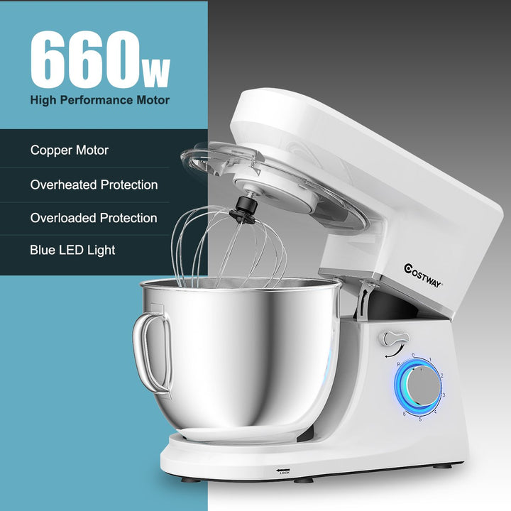 Tilt-Head Stand Mixer 7.5 Qt 6 Speed 660W with Dough Hook Whisk and Beater White Image 8