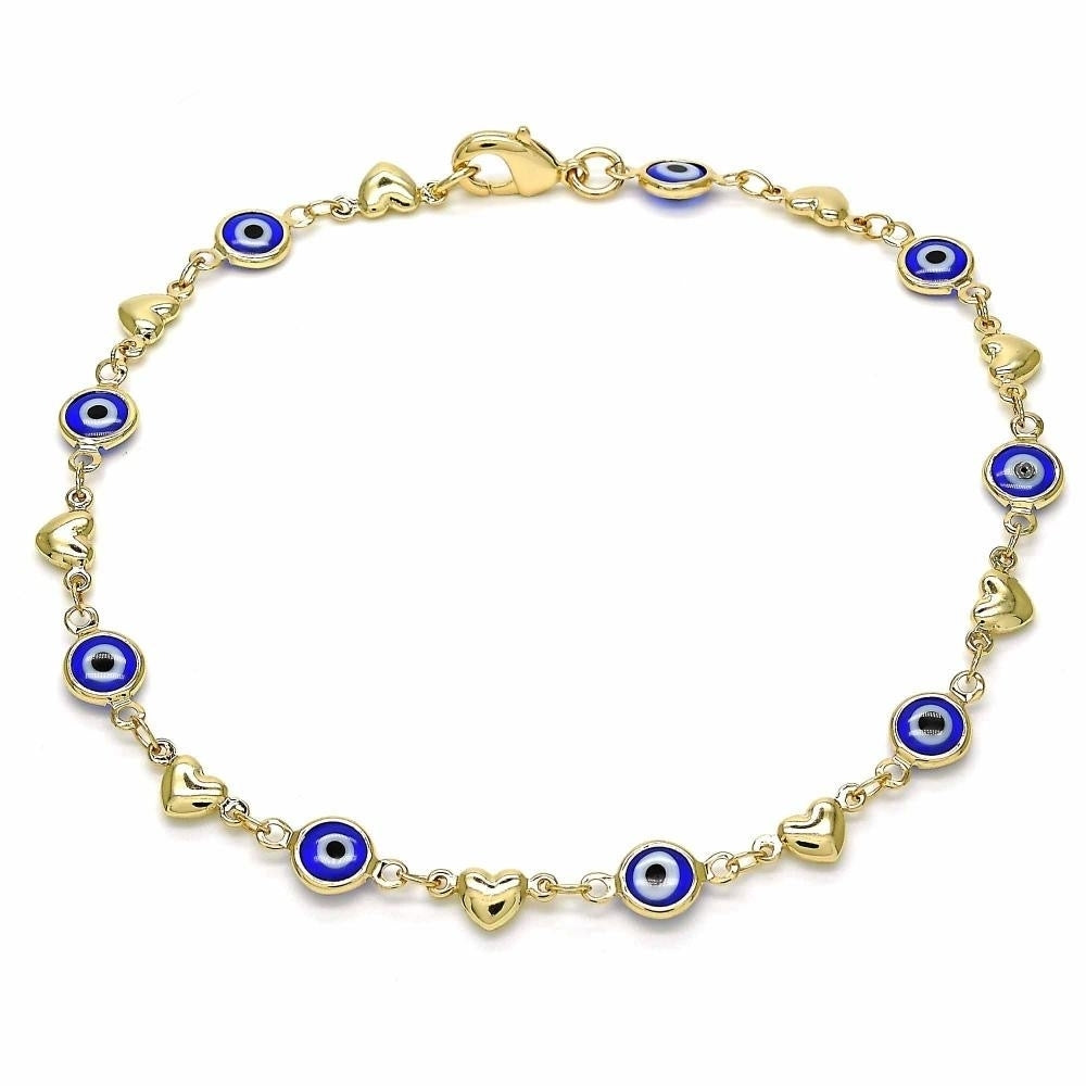 18K WOMENS GOLD Filled High Polish Finsh  Heart-BLUE EVIL EYE LOBSTER CLASP ANKLE BRACELET 10 INCH Image 1