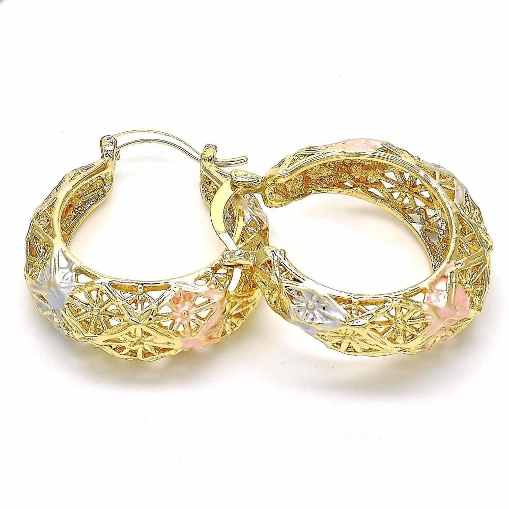 18K Gold Filled High Polish Finsh Diamond Cut Fancy Filigree Hoop Earrings Textured Tri-Gold Hoop Earrings 40mm Image 1