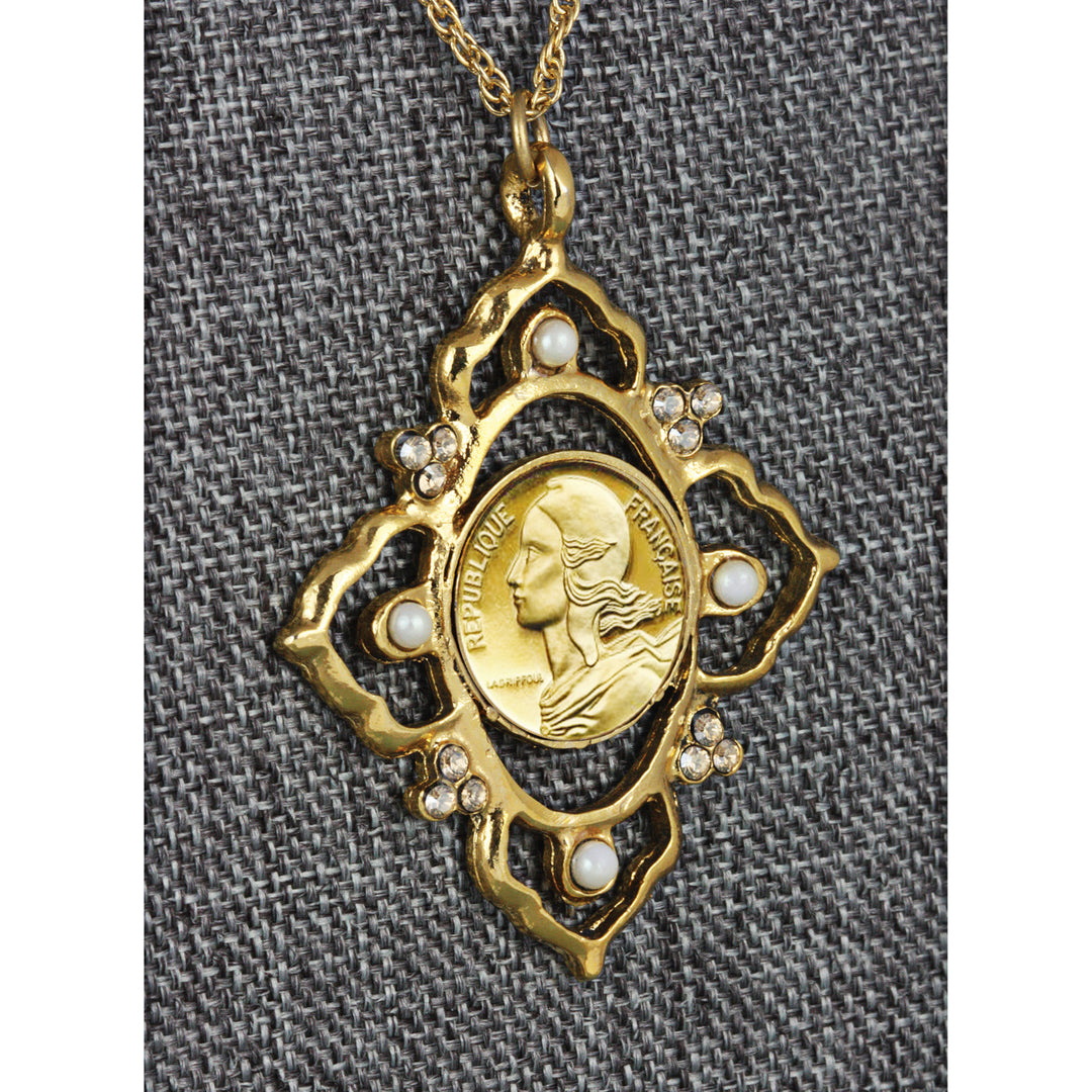 French Marianne 5 Centimes Coin Victorian Style Goldtone Pendant Image 2