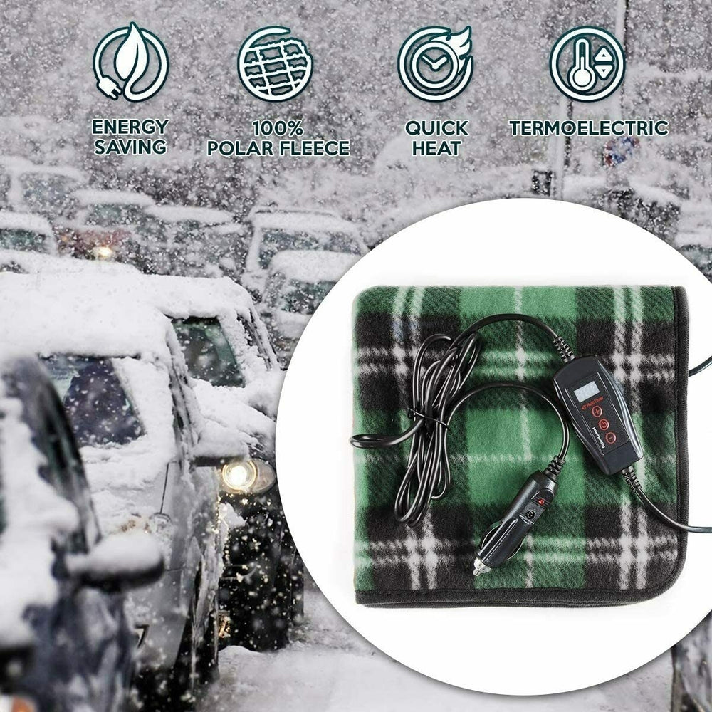 Zone Tech Car Electric Mini Heated Travel Blanket Pad Fleece Green Plaid 45 Min Image 2