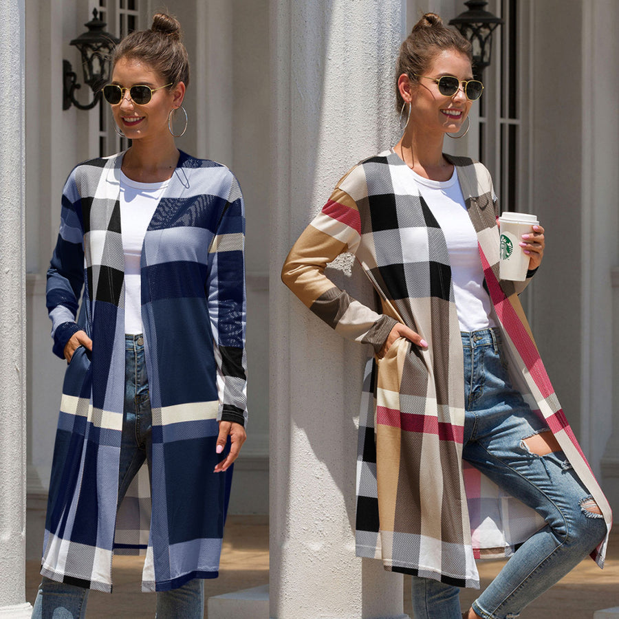 Fashion Plaid Long Sleeve Front Open Cardigan Image 1