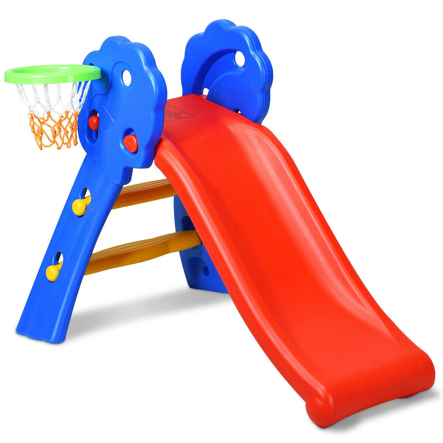 2 Step Children Folding Slide w/ Basketball Hoop For Kids Indoor and Outdoor Image 1