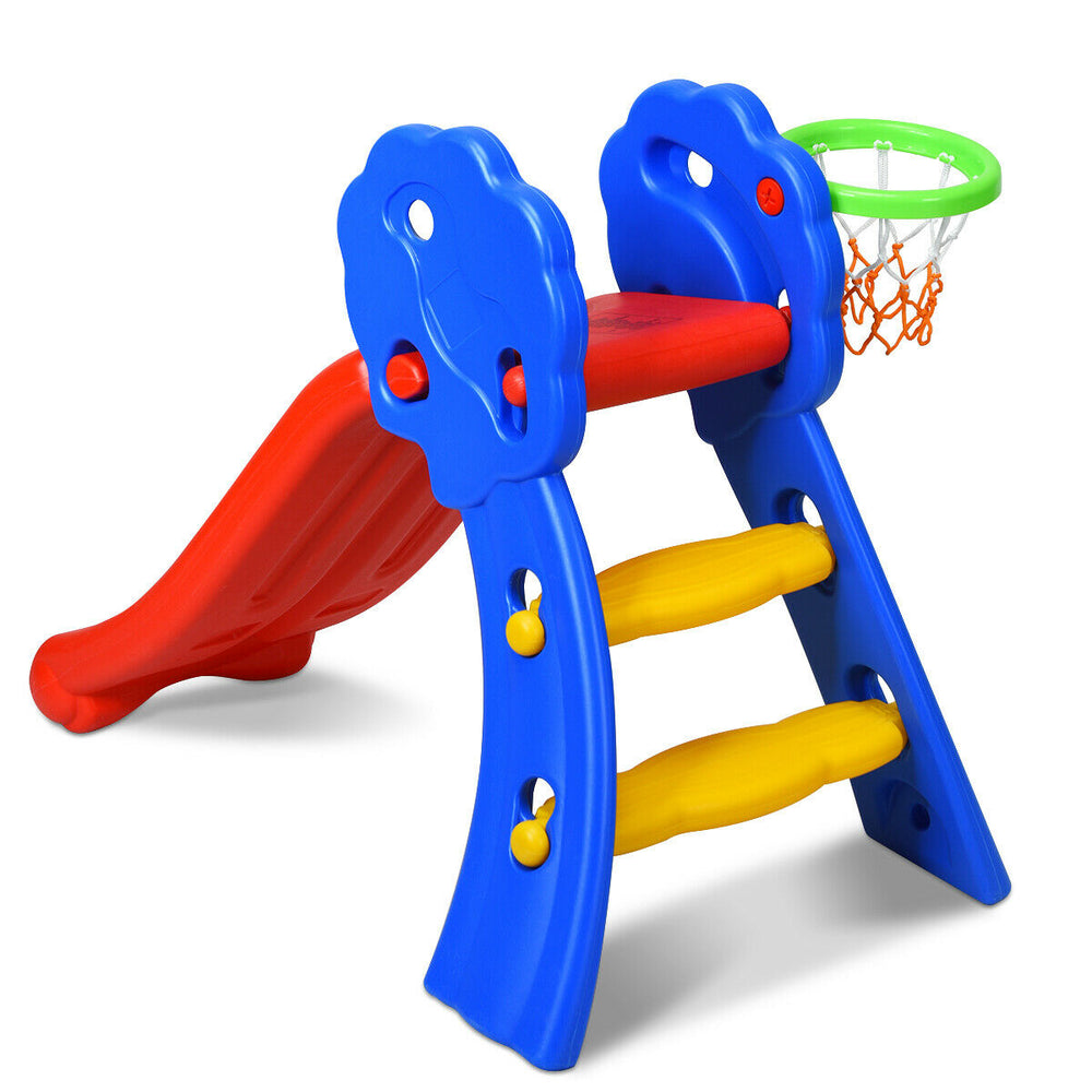 2 Step Children Folding Slide w/ Basketball Hoop For Kids Indoor and Outdoor Image 2