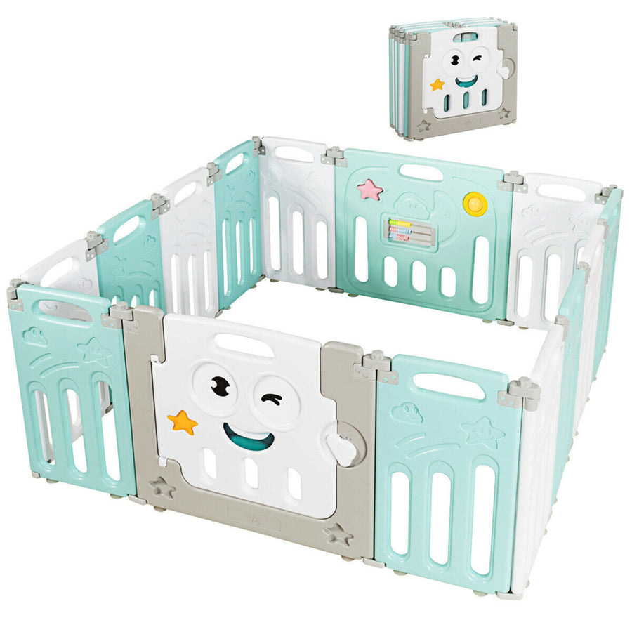 14-Panel Foldable Baby Playpen Kids Activity Centre w/ Rubber Mats and Lock Door Image 1