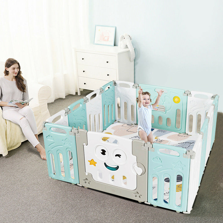 14-Panel Foldable Baby Playpen Kids Activity Centre w/ Rubber Mats and Lock Door Image 4