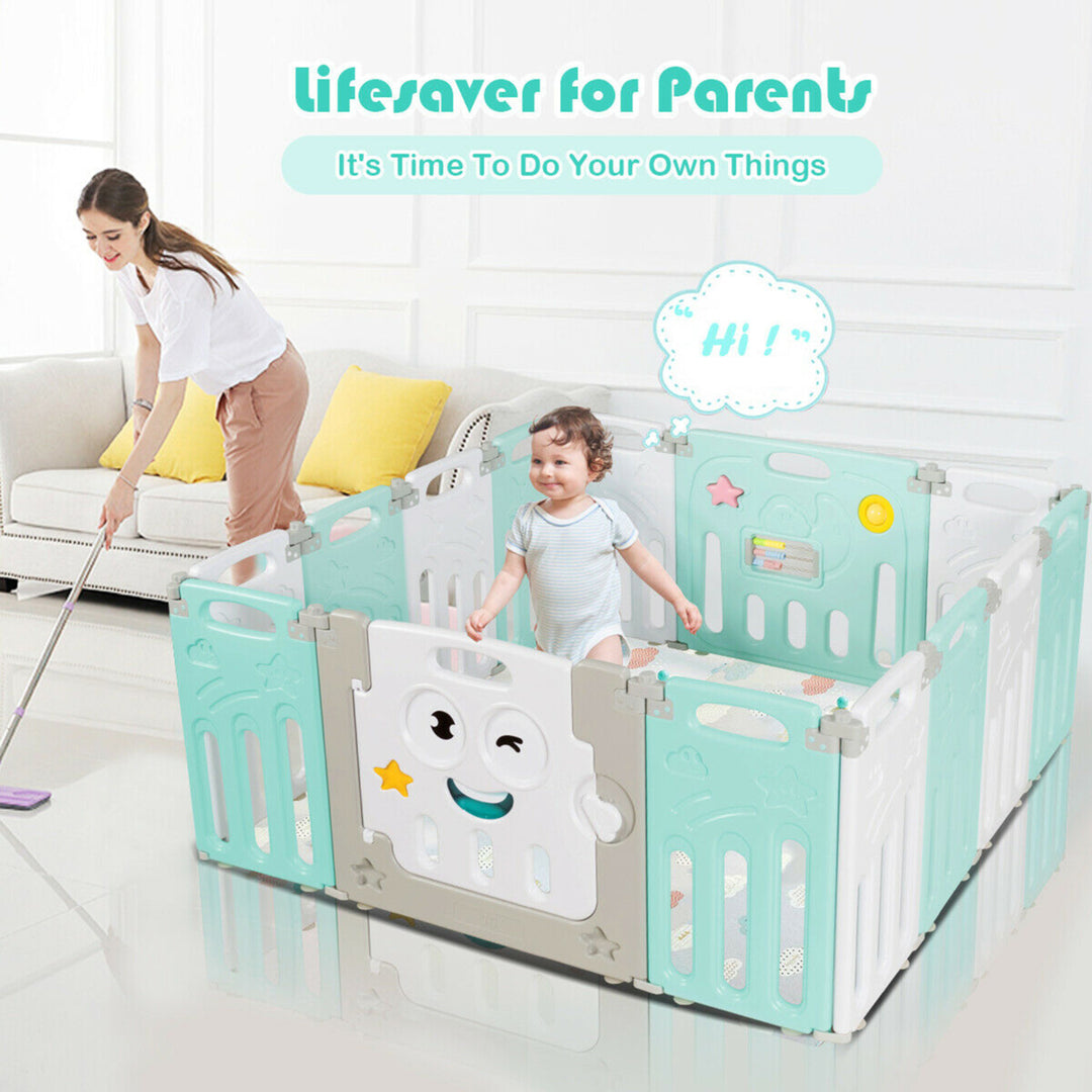 14-Panel Foldable Baby Playpen Kids Activity Centre w/ Rubber Mats and Lock Door Image 4