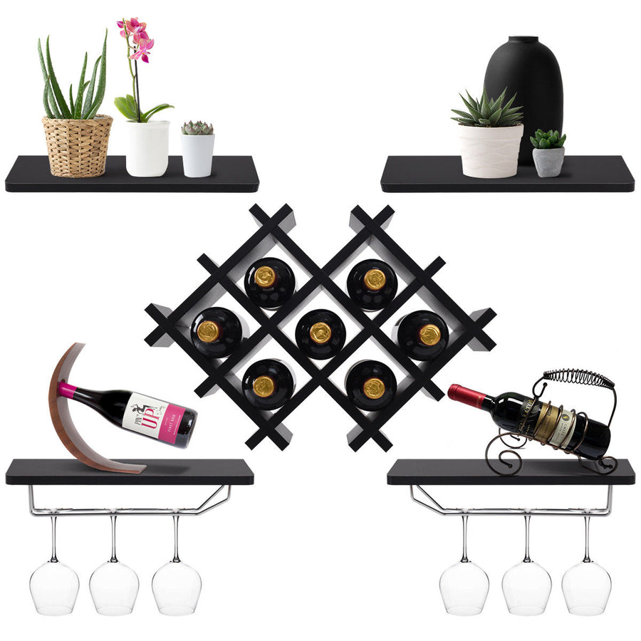Set of 5 Wall Mount Wine Rack Set Storage Shelves and Glass Holder Black Image 1
