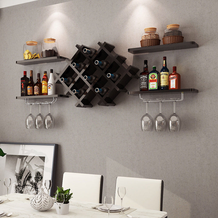 Set of 5 Wall Mount Wine Rack Set Storage Shelves and Glass Holder Black Image 2