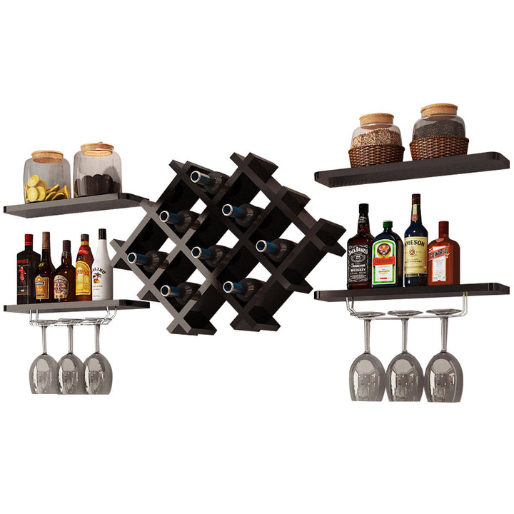 Set of 5 Wall Mount Wine Rack Set Storage Shelves and Glass Holder Black Image 4