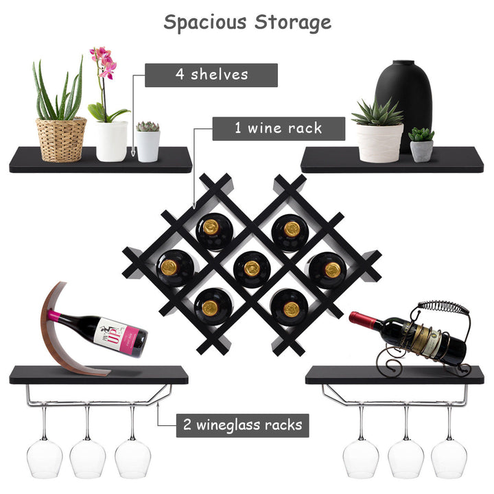 Set of 5 Wall Mount Wine Rack Set Storage Shelves and Glass Holder Black Image 4