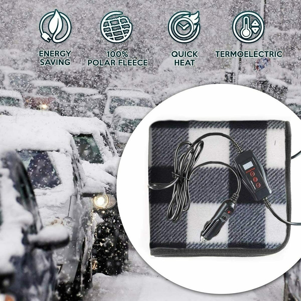 Zone Tech Car Electric Mini Heated Travel Blanket Pad Fleece Black Buffalo Plaid Image 2