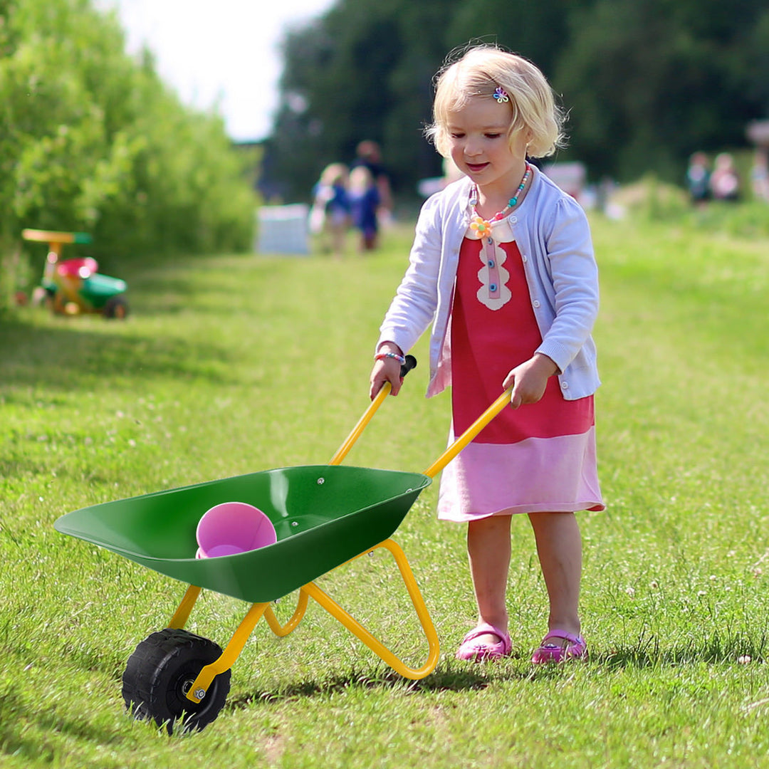 Kids Metal Wheelbarrow Childrens Size Ourdoor Garden Backyard Play Toy Green Image 2