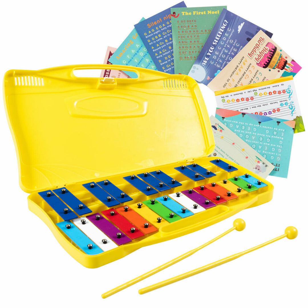 25 Notes Kids Glockenspiel Chromatic Metal Xylophone w/Yellow Case and 2 Mallets Image 1