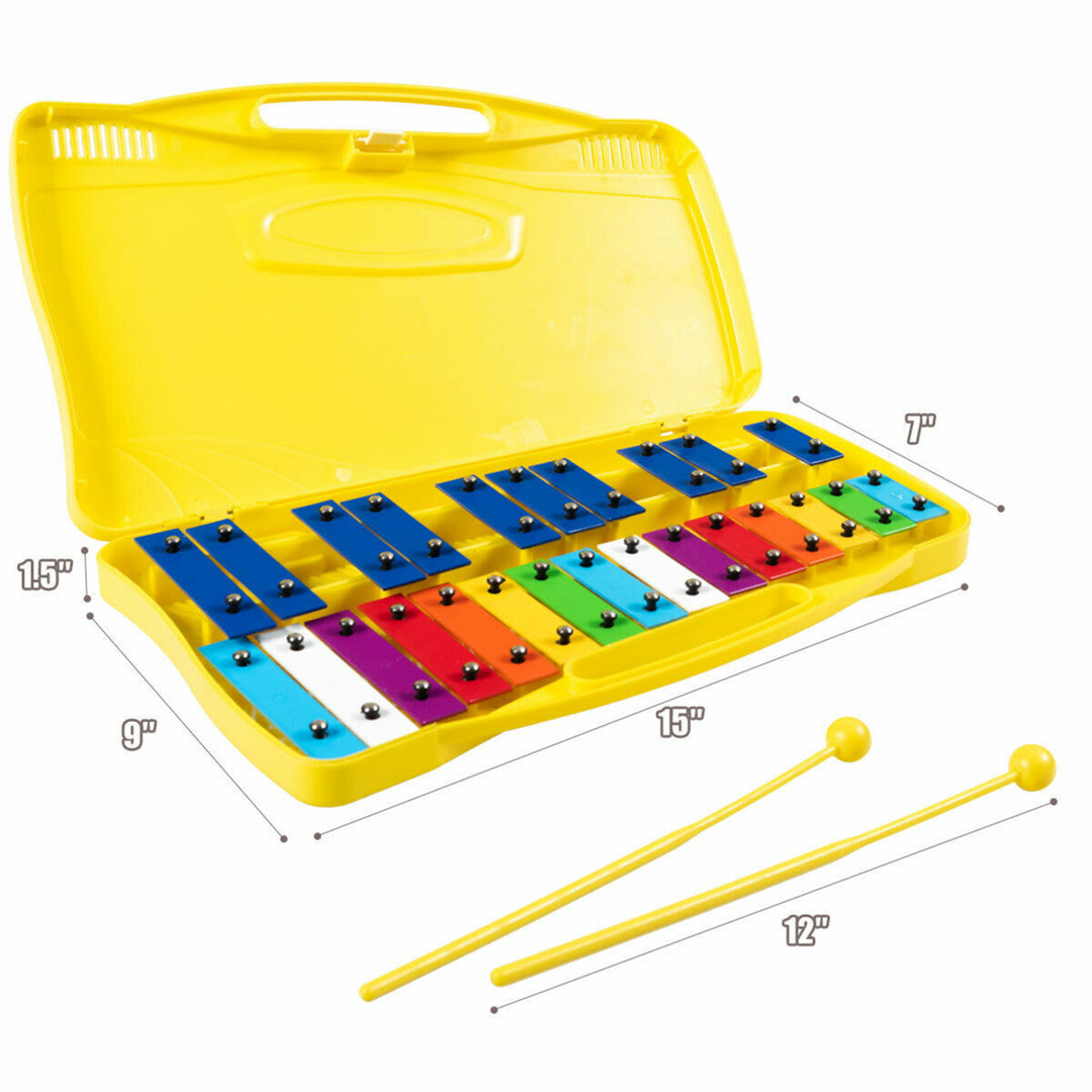 25 Notes Kids Glockenspiel Chromatic Metal Xylophone w/Yellow Case and 2 Mallets Image 2