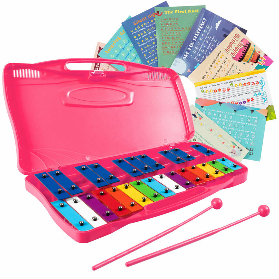 25 Notes Kids Glockenspiel Chromatic Metal Xylophone w/ Pink Case and 2 Mallets Image 1