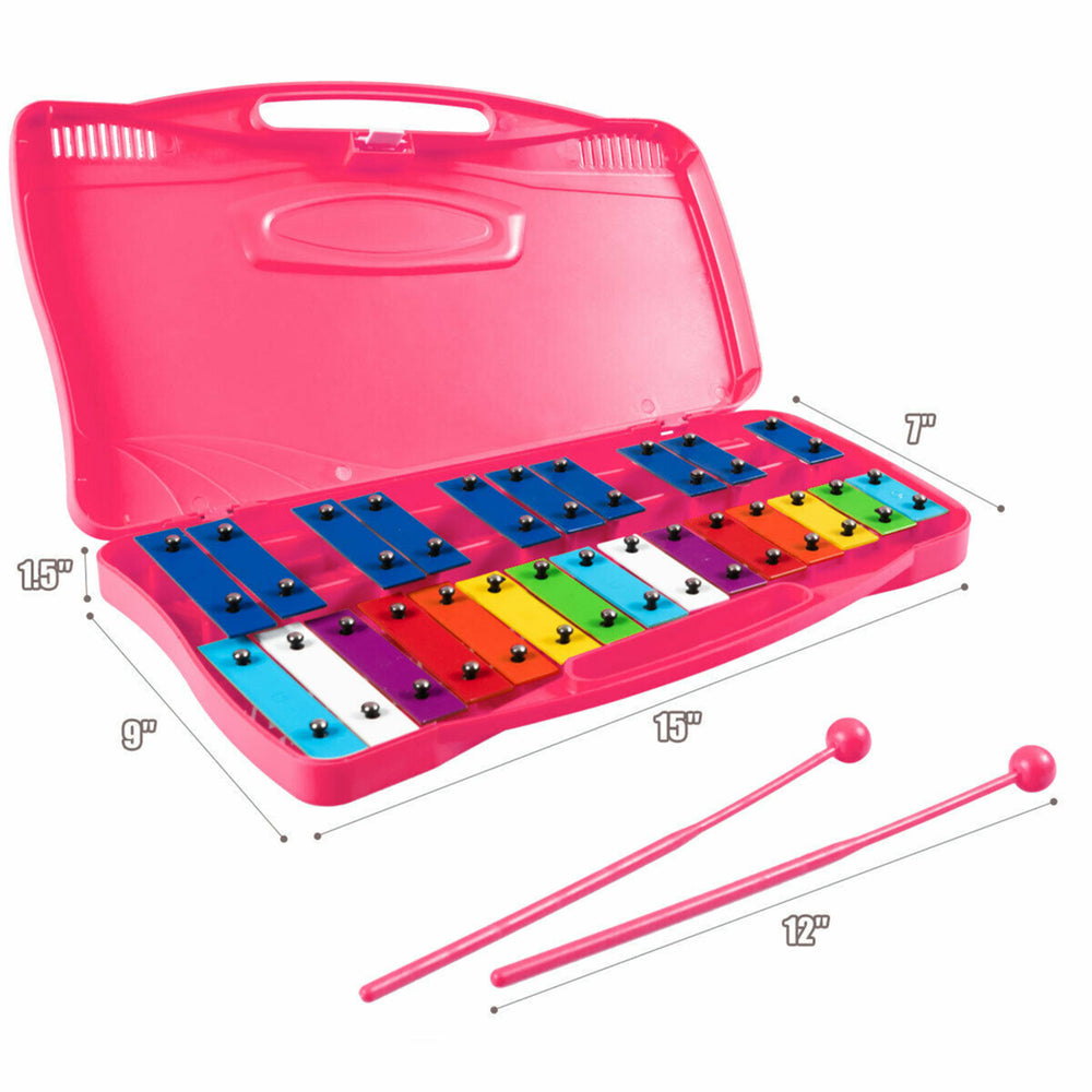 25 Notes Kids Glockenspiel Chromatic Metal Xylophone w/ Pink Case and 2 Mallets Image 2