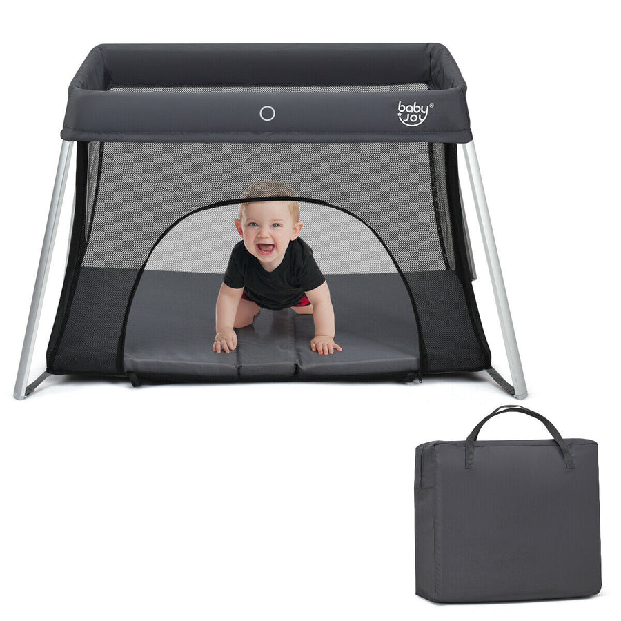 Foldable Baby Playpen Playard Lightweight Crib w/ Carry Bag For Infant Dark Gray Image 1