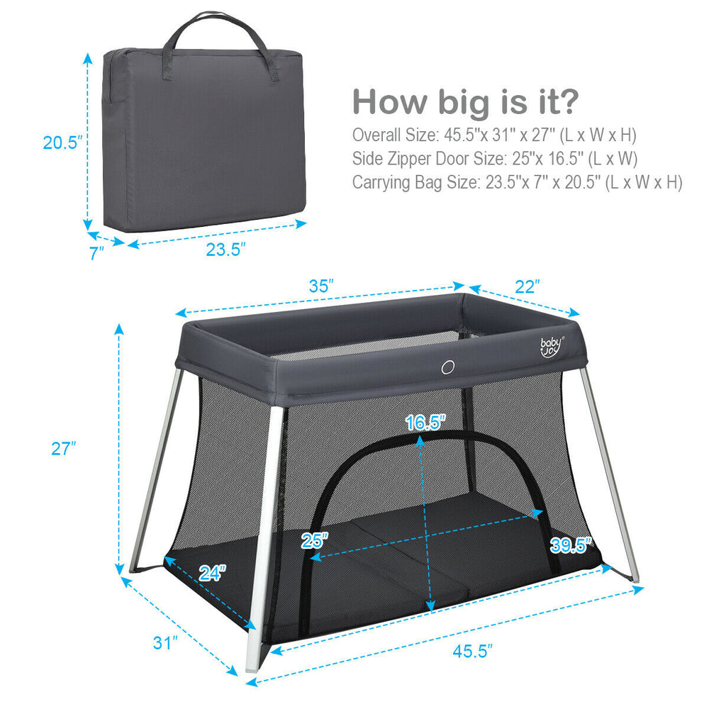 Foldable Baby Playpen Playard Lightweight Crib w/ Carry Bag For Infant Dark Gray Image 2