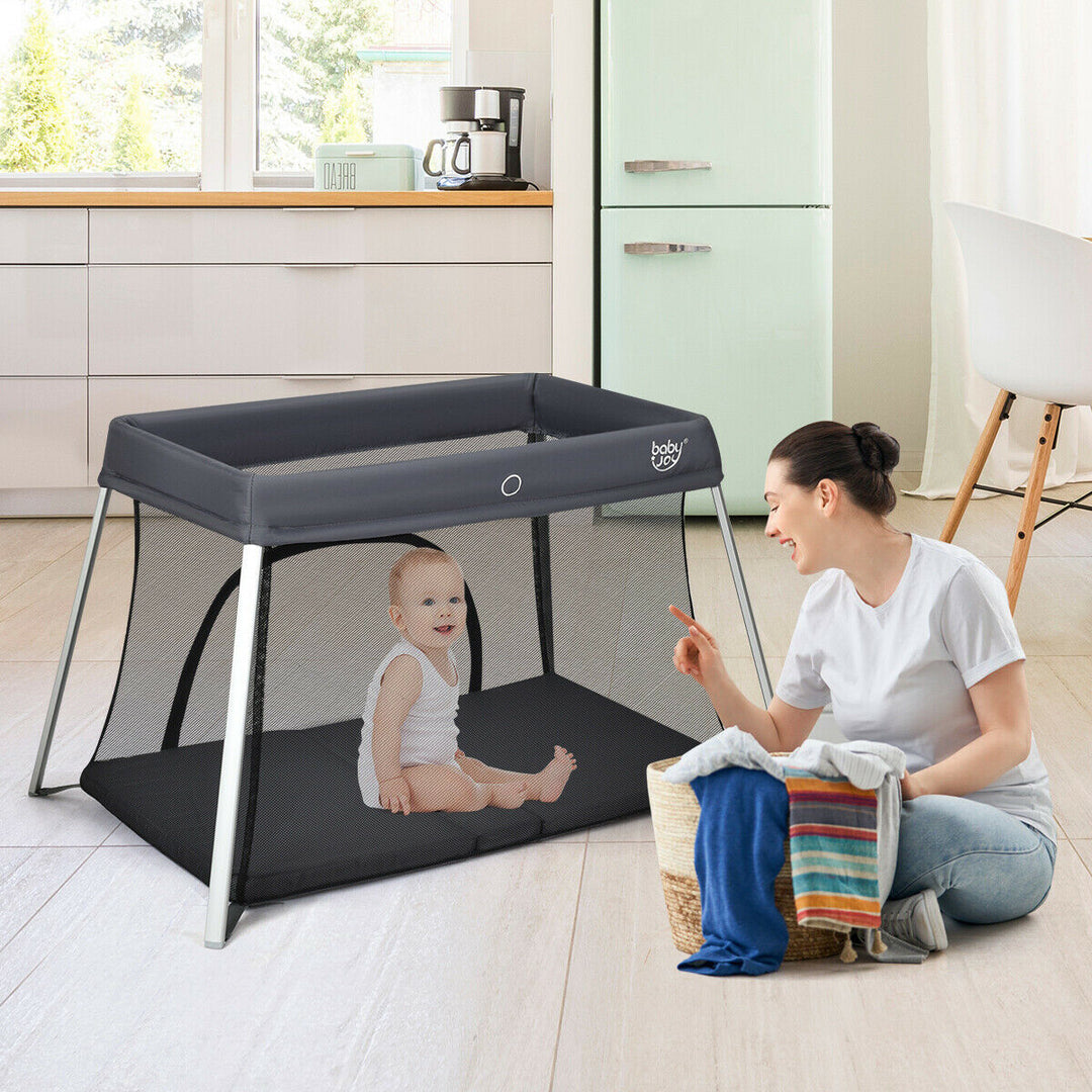 Foldable Baby Playpen Playard Lightweight Crib w/ Carry Bag For Infant Dark Gray Image 4