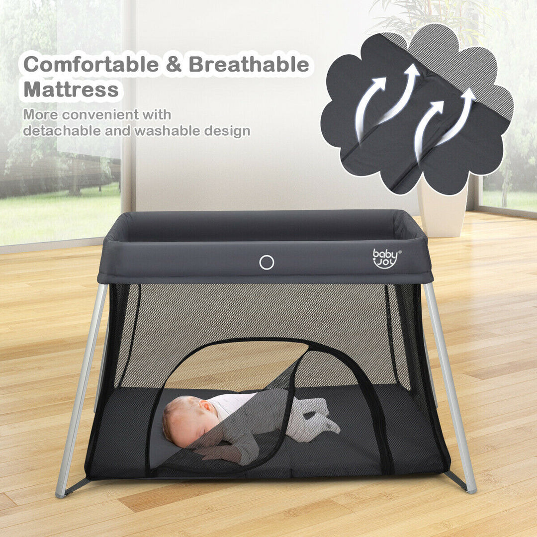 Foldable Baby Playpen Playard Lightweight Crib w/ Carry Bag For Infant Dark Gray Image 6