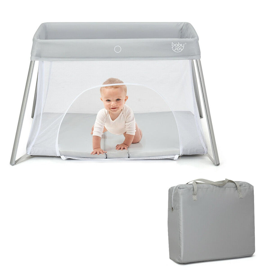 Foldable Baby Playpen Playard Lightweight Crib w/ Carry Bag For Infant Gray Image 1