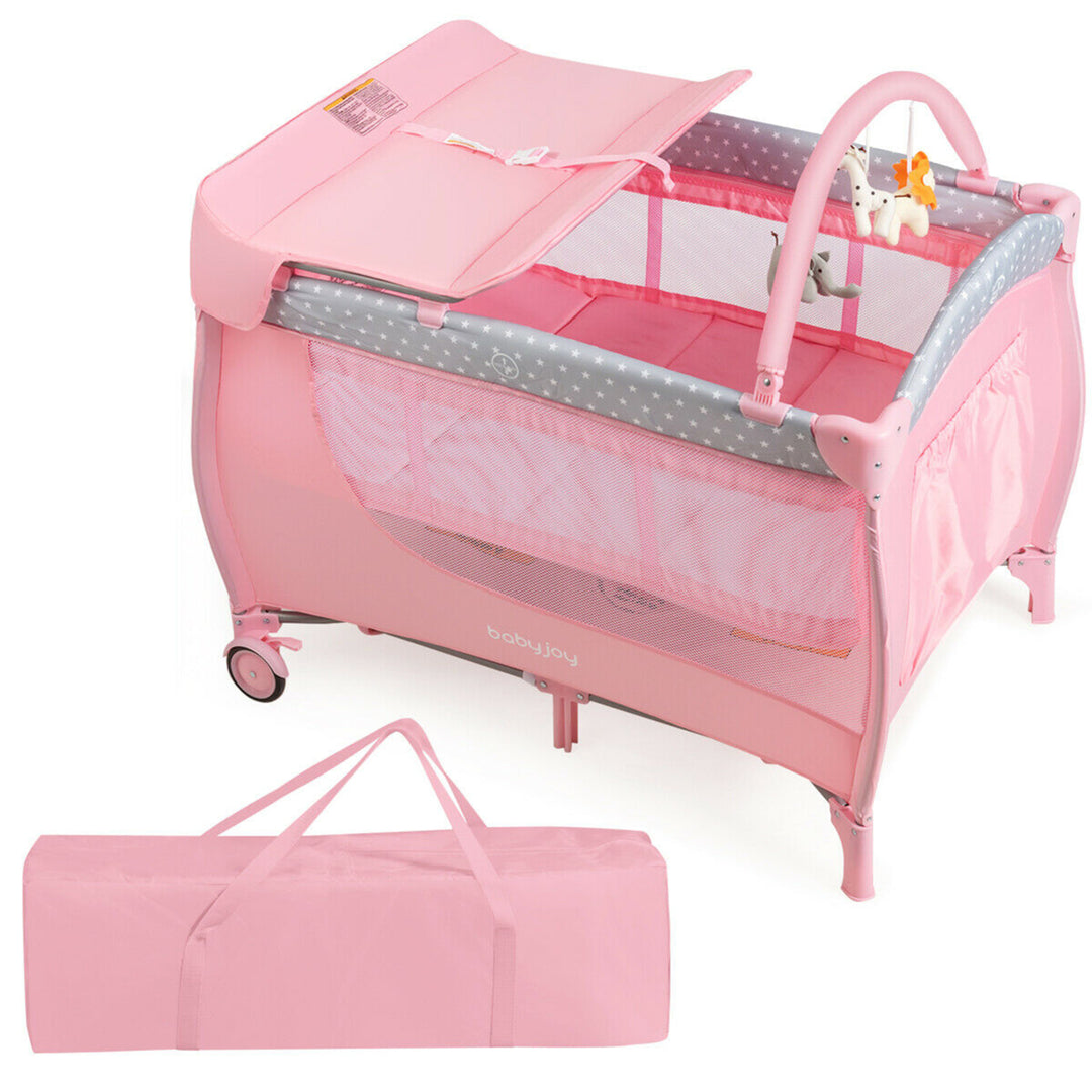 Foldable Baby Playard Portable Playpen Nursery Center w/ Changing Station Pink Image 1