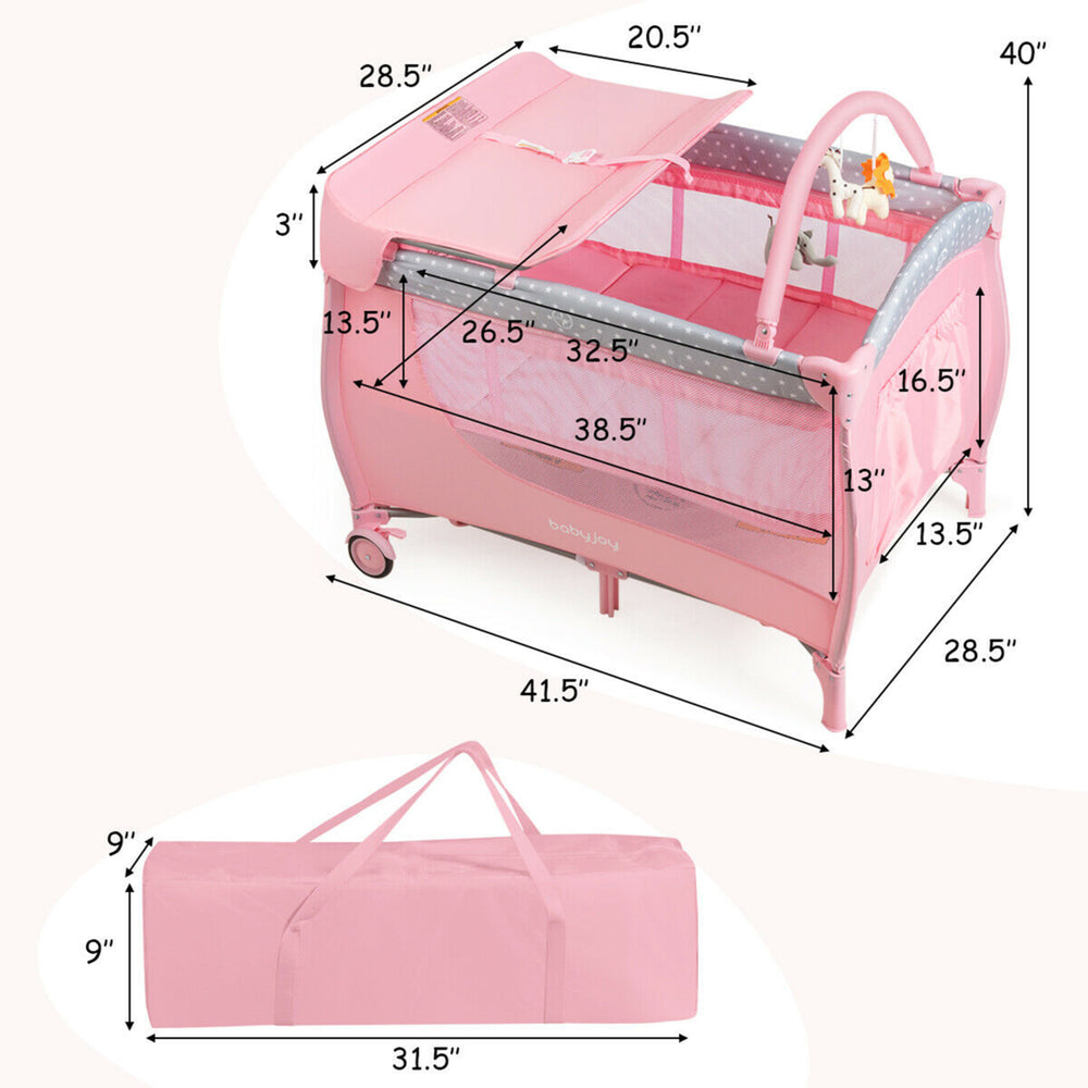 Foldable Baby Playard Portable Playpen Nursery Center w/ Changing Station Pink Image 2