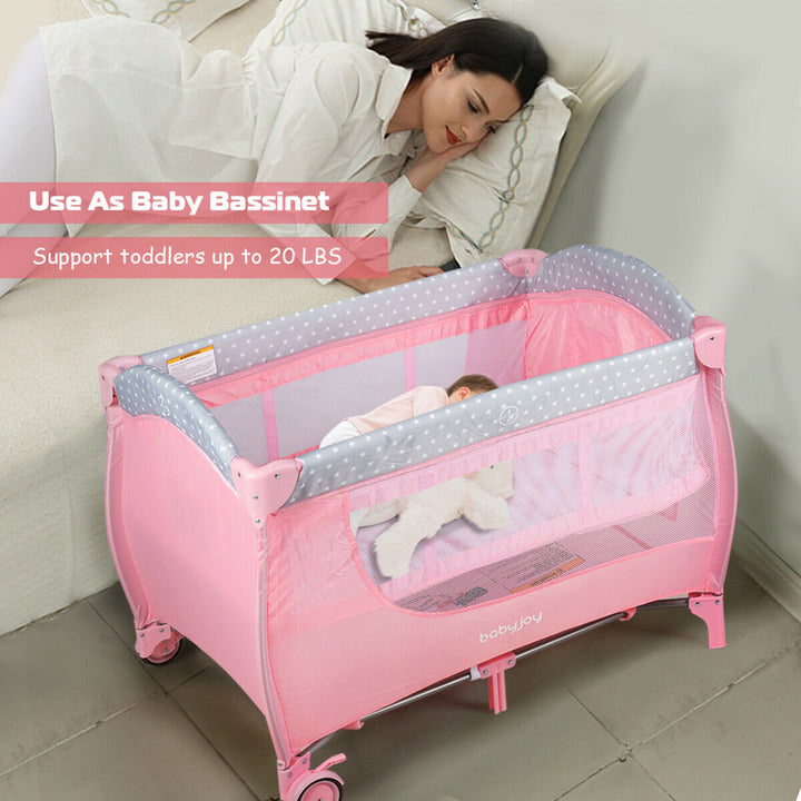 Foldable Baby Playard Portable Playpen Nursery Center w/ Changing Station Pink Image 3